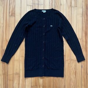 Lacoste Women Cable Knit Cardigan Sweater Black Button Front Pockets Size 40